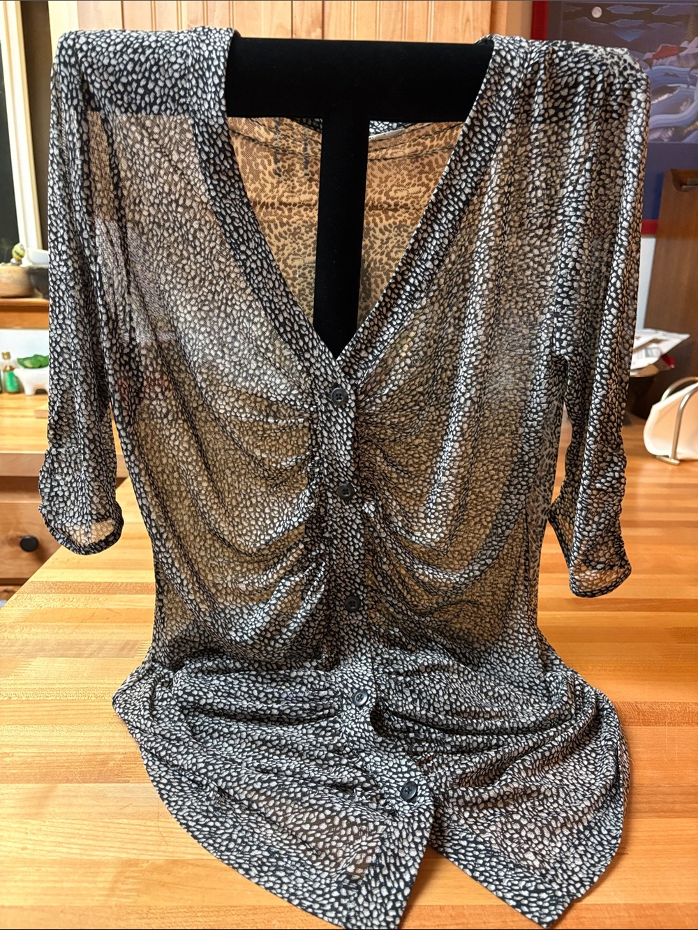CAbi Black and White Sheer V-Neck Button blouse. NWT